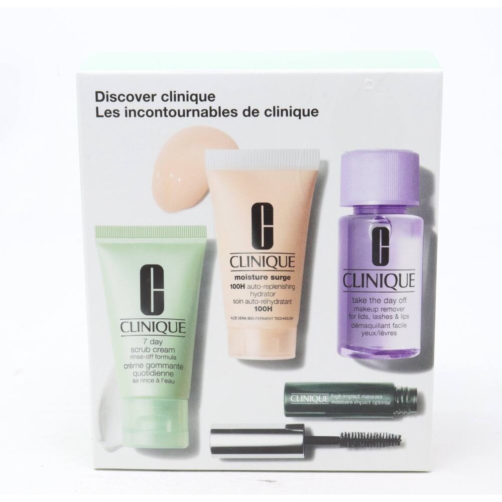 DISCOVER CLINIQUE SKINCARE MAKEUP SET 4-PIECE SCRUB, MOISTURE SURGE, MASCARA
